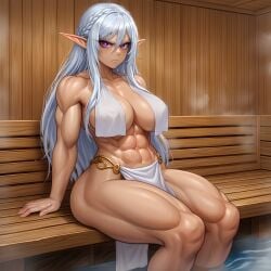 ai_generated angry dark-skinned_female elf elf_female muscle_girl muscular_female naked_female purple_eyes sauna water white_hair