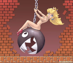 1girls 1other blonde_hair blue_eyes breasts chain_chomp crown female female_focus heels high_heels long_hair mario_(series) miley_cyrus nintendo nude parody pinup princess princess_peach sitting solo_focus sorenutz super_mario_bros. super_mario_bros._(nes) wrecking_ball