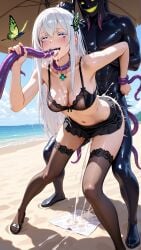 1girls ai_generated arm_grab beach black_skirt choker cum_in_ass cum_in_mouth cum_in_pussy cum_on_breasts echidna_(re:zero) from_behind from_behind_position full_body hair_grab hand_grab handjob monster_boy nnnyr pleasure_face rolling_eyes running_makeup runny_makeup skirt standing standing_sex stockings tentacle tentacle_in_mouth tentacle_sex tongue_out white_hair white_skin