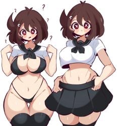 1girls big_breasts bow bra brown_hair confused emi_(gazericc) gazericc hair_ornament light-skinned_female no_background original_character panties question_mark red_eyes school_uniform shirt_lift short_hair skirt skirt_pull slightly_chubby thick_ass thick_thighs thighhighs