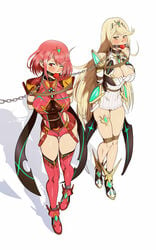 2girls ankle_cuffs arms_behind_back ball_gag blonde_hair blush bondage breasts chained chains cleavage collar cuffs dress femsub full_body gag gagged highres large_breasts leash linked_collar long_hair multiple_girls multiple_subs mythra nintendo pulling pyra red_ball_gag red_hair reptileye rope short_hair shorts slave thigh_boots tiara very_long_hair xenoblade_(series) xenoblade_chronicles_2