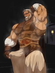 bara beard biceps big_bulge blush boner bulge clothing daddy dilf erection erection_under_clothes final_fantasy_vii hitenmaru huge_bulge male male_only manly mature_male muscular_male musk pecs penis_outline rashard_zangan solo solo_male sweat sweating tight_clothing