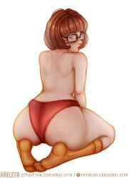 1girls 2023 ass blush brown_hair female female_only freckles freckles_on_back freckles_on_shoulders glasses hanna-barbera hi_res high_socks kirelinta kneeling looking_at_viewer looking_back looking_back_at_viewer medium_hair panties rear_view scooby-doo socks solo thick_ass topless velma_dinkley white_background