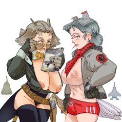 areolae belly_button big_breasts cat_eyes f-14 f-15 gijinka gloves looking_over_eyewear looking_over_sunglasses mostly_clothed patch_(marking) pistol_holster plane reading red_scarf sunglasses tagme tinted_eyewear toorops toothpick