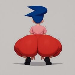 ai_generated anacoslike ass ass_shake back_view big_ass big_butt black_eyes black_shoes blue_hair clothed darla_myers female female_only get_blake high_quality highres huge_ass milf pink_shirt red_pants solo squatting twerking untucked_shirt