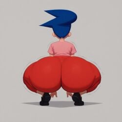 ai_generated ass ass_shake back_view big_ass big_butt black_eyes black_shoes blue_hair clothed darla_myers female female_only get_blake high_quality highres huge_ass milf pink_shirt red_pants solo squatting twerking untucked_shirt user_zhfj2523