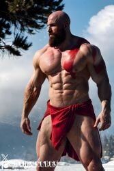 1boy ai_generated aimuscles bald bald_man bara barely_clothed barely_covered beard daddy dilf facial_hair god_of_war kratos looking_at_viewer male male_focus male_only mature_male muscles muscular muscular_arms muscular_ass muscular_back muscular_legs nature nature_background older_male outdoor_nudity outdoors partially_clothed_male partially_nude partially_undressed public public_exposure red_markings red_skirt scantily_clad snow snowy_background winter