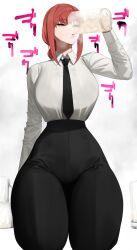 1girls beer_mug big_breasts chainsaw_man clothed clothing cum drinking drinking_cum female female_focus female_only gokkun makima_(chainsaw_man) ponytail red_hair senju_(snz0) solo stray_pubic_hair thick_thighs tie white_shirt yellow_eyes