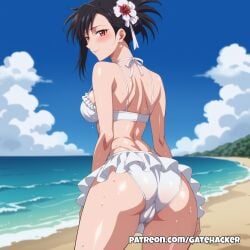 ass beach bikini bikini_skirt black_hair blush cameltoe cloud cowboy_shot earrings female final_fantasy final_fantasy_vii flower flower_in_hair from_behind gatehacker light_smile looking_back medium_breasts ocean outdoors ponytail red_eyes sand sky sweat tifa_lockhart water white_bikini