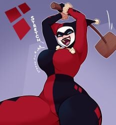 1girls 2024 batman:_the_animated_series batman_(series) big_breasts blue_eyes blush bodysuit dabble dc dc_comics female female_only hammer harley_quinn harley_quinn_(classic) hi_res jester_outfit lipstick looking_at_viewer open_mouth smiling smiling_at_viewer solo thick_thighs