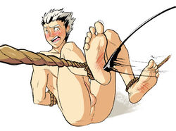 1boy anus ass barefoot blush bokuto_koutarou booty_electric feet haikyuu!! male_focus muscular muscular_male nude restrained rope solo tagme tears testicles toes