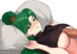 bangs between_breasts black_shirt blush breasts censored closed_mouth crop_top dotentity earrings eyebrows_visible_through_hair female fire_emblem fire_emblem:_the_blazing_blade from_side frown green_eyes green_hair highres jewelry large_breasts lips long_hair lyn_(fire_emblem) lyndis_(fire_emblem) mosaic_censoring no_bra nose_blush ormille paizuri penis pillow pillow_grab shiny shiny_hair shirt simple_background solo solo_focus straight underboob upper_body waking_up white_background