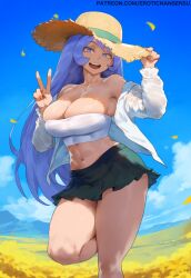 ai_generated big_breasts blue_hair erotic_nansensu hat long_hair miniskirt my_hero_academia nejire_hado overflow peace_sign teenager tight_fit