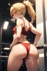 ai_generated blonde_female blonde_hair blonde_hair_female blush cameltoe crop_top dripping dripping_cum dripping_pussy fate/apocrypha fate/grand_order fate_(series) green_eyes gym_clothes mordred_(fate) muscular muscular_female ponytail small_breasts sweat sweating wet_pussy