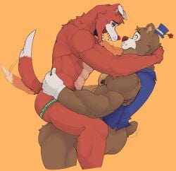 anthro anthro_on_anthro ass bear brown_fur circus_foxy_(fnaf) circus_freddy_(fnaf) five_nights_at_freddy's fox foxy_(fnaf) freddy_(fnaf) fur furry gloves half_naked happy imminent_sex male male/male male_only mr_sharky muscular muscular_male red_fur red_nose sharp_teeth suggestive surprised sweatdrop tail tailwag teeth top_hat ursid ursine white_fur