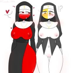 2girls countryhumans countryhumans_girl embarrassed_nude_female nun pink_nipples pink_pussy poland_(countryhumans) red_body red_nipples vatican_city_(countryhumans) white_body xx.canada.xx