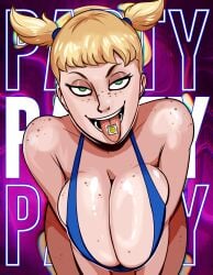 big_breasts bikini blonde_hair dj_(hellonearthiii) drugs freckles green_eyes hellonearthiii looking_at_viewer short_hair smile tongue twintails