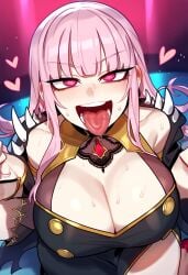 ahe_gao ai_generated cleavage heart-shaped_pupils hime_cut hololive hololive_english kneeling large_breasts mori_calliope pink_hair red_eyes sweat tribute virtual_youtuber vtuber