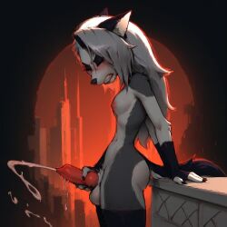 1futa ai_generated canine canine_penis city closed_eyes cum ejaculation furry futa_only futanari gritted_teeth loona_(helluva_boss) solo thick_thighs