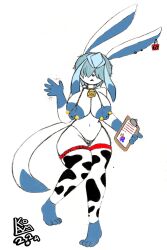 animal_print anthro aurelia_(koam) breasts clothing cow_print cowbell ear_piercing eeveelution female generation_4_pokemon glaceon hi_res koam legwear nintendo nipple_piercing nipples panties piercing pokemon pokemon_(species) solo tagme thigh_highs underwear wave