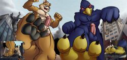 anthro avian balls bird canine city destruction erection falco_lombardi feet foot_fetish foot_focus fox_mccloud low-angle_view macro male male_only mammal nintendo penis rampage star_fox stomping teaselbone video_games