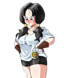 1girl 2d black_hair black_shorts bodysuit digital_media_(artwork) dragon_ball dragon_ball_z excited excited_for_sex exhibitionism female female_focus female_only female_pervert female_pubic_hair full_color hair_ornament no_penetration pervert provocative pussy shorts smile solo solo_female videl videl_(long_hair)