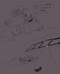 2024 2boys 2d_(artwork) big_penis blanket blush bottomless collar damien_(honeyboyy) dialogue dialogue_bubble earring feminine honeyboyy line_art night_wood no_visible_genitalia original_character penis_size_difference pillow precum sketch sleepover text