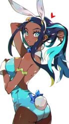 animal_ears armlet ass blue_eyeshadow bow bowtie bunny_day dark-skinned_female dark_skin detached_collar earrings eyeshadow fake_animal_ears fake_tail female highres hoop_earrings jewelry kawasaki_(kwsk_8765) leotard lipstick makeup multicolored_hair nessa_(pokemon) pantyhose playboy_bunny pokemon pokemon_swsh rabbit_ears rabbit_tail simple_background strapless strapless_leotard tail two-tone_hair