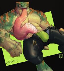 abs absurd_res bodily_fluids bottomwear bulge_through_clothing chatacabra clothing digital_drawing_(artwork) digital_media_(artwork) greninjazz hi_res male muscular muscular_male pants scalie simple_background tongue tongue_out