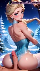 1boy 1girls ai_generated ass ass_focus big_ass blush breasts cock cowgirl_position disney electroworld elsa_(frozen) erection female female female_focus from_behind from_behind_position frozen_(film) high_resolution male male/female open_mouth penis sex vagina