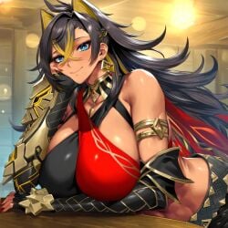 1girls 2vuiai abs ai_generated big_breasts blue_eyes breasts clothed clothed_female clothing dark-skinned_female dark_skin dehya_(genshin_impact) female female_only genshin_impact gigantic_breasts huge_breasts large_breasts looking_at_viewer massive_breasts muscular muscular_female upper_body voluptuous