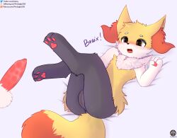 absurd_res anthro balls bed blush braixen duo female furniture generation_6_pokemon genitals hi_res legs_up lying male male/female nintendo paws penis pokemon pokemon_(species) pussy senz tail text