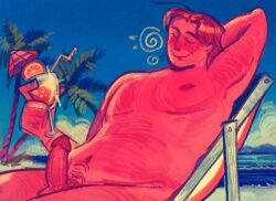 beach beach_chair cocktail_glass dilf erection male male_only penis pierre_(stardew_valley) pubic_hair relaxed relaxed_expression sitting_on_chair solo stardew_valley tan_body vilochkaa