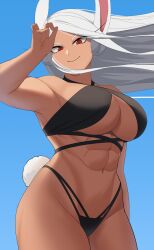 1girls abs animal_ears armpits bikini black_bikini blue_background boku_no_hero_academia breasts cleavage criss-cross_straps dark-skinned_female dark_skin female floating_hair hand_up highres kritta88 large_breasts layered_bikini long_eyelashes long_hair looking_at_viewer miruko my_hero_academia navel parted_bangs rabbit_ears rabbit_girl red_eyes rumi_usagiyama smile solo stomach swimsuit thick_thighs thighs toned_female usagiyama_rumi very_long_hair white_hair