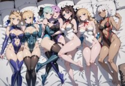 ai_generated artoria_pendragon artoria_pendragon_(lancer) breasts curvy fate/apocrypha fate/grand_order fate/stay_night fate_(series) jeanne_d'arc_(alter)_(fate) jeanne_d'arc_(fate) jeanne_d'arc_(fate)_(all) leotard lying_on_bed mash_kyrielight morgan_le_fay_(fate) multiple_girls saber tohsaka_rin wide_hips