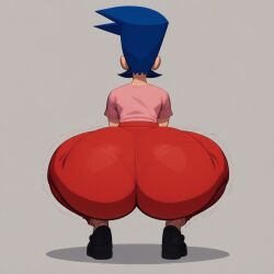 ai_generated anacoslike ass ass_shake back_view big_ass big_butt black_eyes black_shoes blue_hair clothed darla_myers female female_only get_blake high_quality highres huge_ass milf pink_shirt red_pants solo squatting twerking untucked_shirt