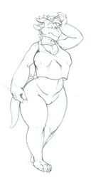 anthro big_breasts breasts clothed clothing female female_only horn kenjin monochrome nipple_bulge pussy scalie sketch slightly_chubby solo