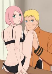 1boy 1boy1girl 1girls ass ass before_sex black_bra black_heels black_high_heels black_panties blonde_hair blue_eyes blush bob_cut boruto:_naruto_next_generations bra caressing_face cheating cheating_husband cheating_wife clothed clothing couple female footwear forehead_jewel forehead_mark green_eyes heels hi_res high_heels highres indoors jack_.mery jacket leg_grab legs_up light-skinned_female light-skinned_male light_skin lingerie looking_at_viewer looking_back male male/female medium_hair naruto naruto_(series) on_table panties pink_hair removing_panties revealing_clothes romantic sakura_haruno short_hair shoulder_length_hair shounen_jump sitting sitting_on_desk sitting_on_table smile smiling spiky_hair stiletto_heels straight table underwear undressing uzumaki_naruto whisker_markings whiskers yellow_hair