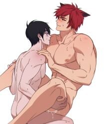 2boys abs anal aphelios bara completely_nude couple cum cum_in_ass cum_overflow ears_down facial_mark from_side hickey highres large_pectorals league_of_legends male_focus male_penetrated multiple_boys muscular_uke nipples no_visible_genitalia nude pectorals red_hair sett sex short_hair skinny sweat thick_eyebrows toned toned_male yaoi yotti