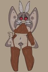 2020s 2024 antennae_(anatomy) anthro arm_warmers bug_girl bush crop_top freckles freckles_on_shoulders freckles_on_thighs gray_hair hairy_pussy harper_(tiredfizz) meme_attire moth_girl moth_wings no_pupils red_eyes simple_background tagme thighhighs tiredfizz underboob virgin_killer_sweater