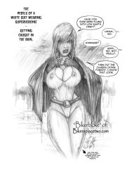 areolae belt big_breasts bikerbloke bra busty cape cleavage cleavage_cutout dc dc_comics female female_focus funny hourglass_figure humor large_breasts leotard makeup monochrome nipples power_girl see-through see-through_clothing speech_bubble superman_(series) tagme thong_leotard wet wet_body wet_clothes wet_skin wide_hips