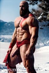 1boy ai_generated aimuscles bald bald_man bara barely_clothed barely_covered beard big_penis daddy dilf facial_hair god_of_war kratos large_penis loincloth looking_at_viewer male male_focus male_only mature_male muscles muscular muscular_arms muscular_ass muscular_back muscular_legs nature nature_background older_male outdoor_nudity outdoors partially_clothed_male partially_nude partially_undressed penis penis_sticking_out public_exposure red_markings red_skirt scantily_clad snow snowy_background winter