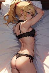 1girls ai_generated ass bed black_lingerie blonde blonde_hair fate/apocrypha fate/grand_order fate_(series) female female_only green_eyes lingerie lying_on_bed mordred_(fate) muscular muscular_female ponytail small_breasts solo