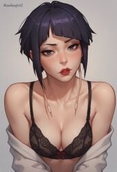 1girls ai_generated artist_name asian asian_female black_bra blush boku_no_hero_academia bra breasts cleavage clothed clothing eyelashes female female_only human iknowkungfu42 kyoka_jiro lace light-skinned_female light_skin lips looking_at_viewer my_hero_academia parted_lips purple_eyes purple_hair red_lips red_lipstick seductive short_hair simple_background small_breasts solo undressing white_background white_shirt