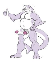 1boy anthro balls bara belly big_belly closed_eyes diphallia diphallism erection fish humanoid_penis kenjin male male_only marine mature_male multi_penis musclegut muscular muscular_male penis retracted_foreskin shark smile solo standing thumbs_up uncut vein