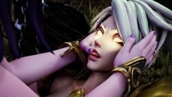 2girls 3d armor blender caressing_face close-up erevos finger_in_mouth fraternal_twins golden_eyes kayle league_of_legends licking_fingers lipstick morgana necklace purple_body purple_skin raffle_prize self_upload sisters smirking_at_partner tongue_out twins white_hair wings yellow_eyes