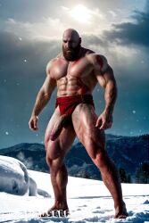 1boy ai_generated aimuscles bald bald_man bara barely_clothed barely_covered beard big_penis daddy dilf facial_hair god_of_war kratos large_penis loincloth looking_at_viewer male male_focus male_only mature_male muscles muscular muscular_arms muscular_ass muscular_back muscular_legs nature nature_background older_male outdoor_nudity outdoors partially_clothed_male partially_nude partially_undressed penis penis_sticking_out public_exposure red_markings red_skirt scantily_clad snow snowy_background winter