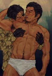 abs armpit_hair armpits beard closed_eyes dominant_male eyepatch facial_hair gay hairy hairy_male hands_on_chest hands_on_pecs happy_trail imminent_sex jacket_open kiryu_kazuma leather_gloves like_a_dragon_(series) majima_goro male/male male_only missing_eye muscular muscular_male no_genitals_shown no_pants no_penetration no_shirt old_men pecs rgg_studio ryuu_ga_gotoku semi_realistic snakeskin_print standing stubble suggestive_look white_underwear yakuza_(series)