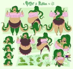 anthro apron big_belly big_butt bluepaintsea choker chubby chubby_female expressions green_hair humanoid large_breasts larger_female octopus pepper_(bluepaintsea) pickles_(bluepaintsea) pie pink_eyes reference_sheet tentacle tentacle tentacle_hair tongue tongue_out