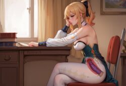 1girls ai_generated anaslex blonde_hair blue_eyes choker cleavage clothed desk dildo dildo_in_pussy fully_clothed fully_clothed_female genshin_impact hi_res jean_gunnhildr large_breasts object_insertion pale-skinned_female pale_skin pants penetration ponytail sex_toy sex_toy_insertion sitting sitting_on_chair solo stealth_masturbation tight_clothing tight_pants toy vaginal_insertion vaginal_penetration working x-ray
